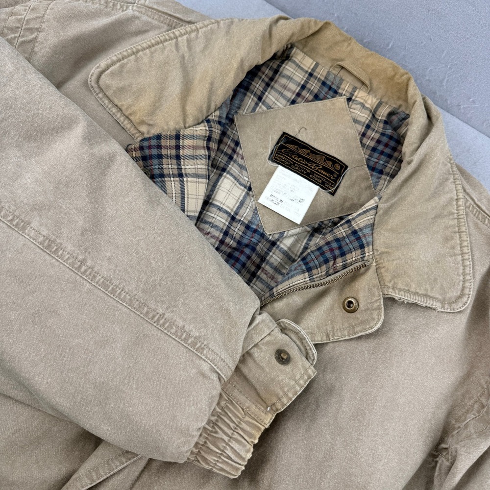 Eddie Bauer Mens XXL Tall Goose‎ Down Bomber Jacket Tan Cotton Plaid Lining Vtg